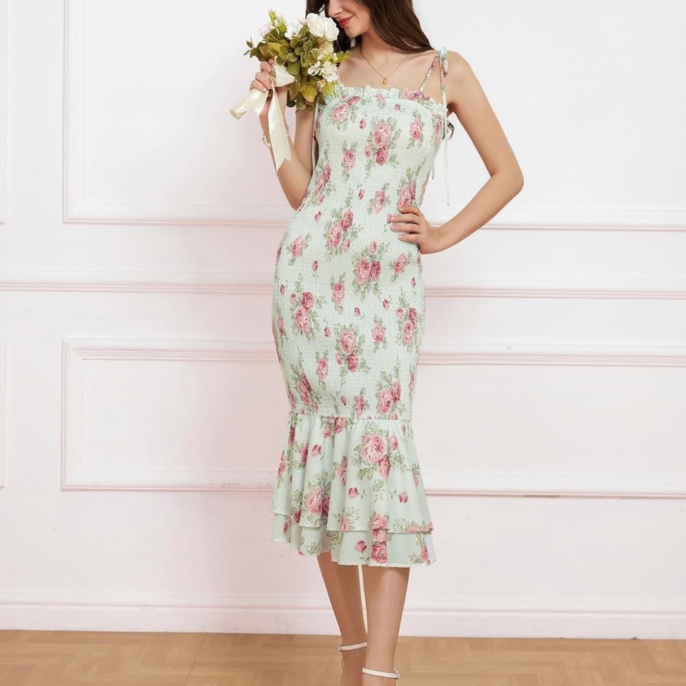 GRACE KARIN Summer Tie-Shoulder Floral Maxi Mermaid Hem Smocked Beach Dress - Picture 2 of 10